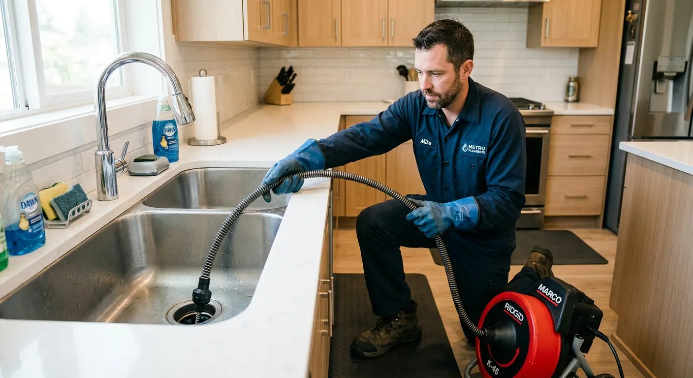 Drain cleaning technician using a motorized snake on a kitchen sink in North Springfield