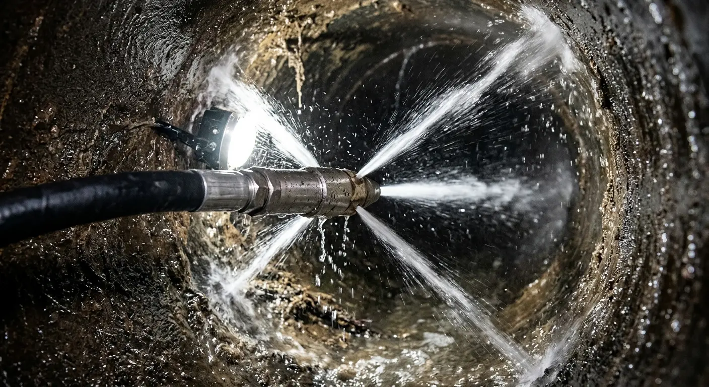 High-pressure hydro jetting nozzle cleaning sewer pipe for Sewer Cleanout in North Springfield