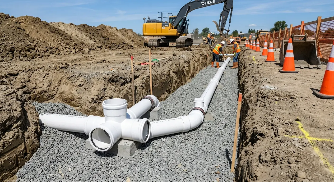 New PVC sewer pipe installation in open trench for Sewer Backup in North Springfield