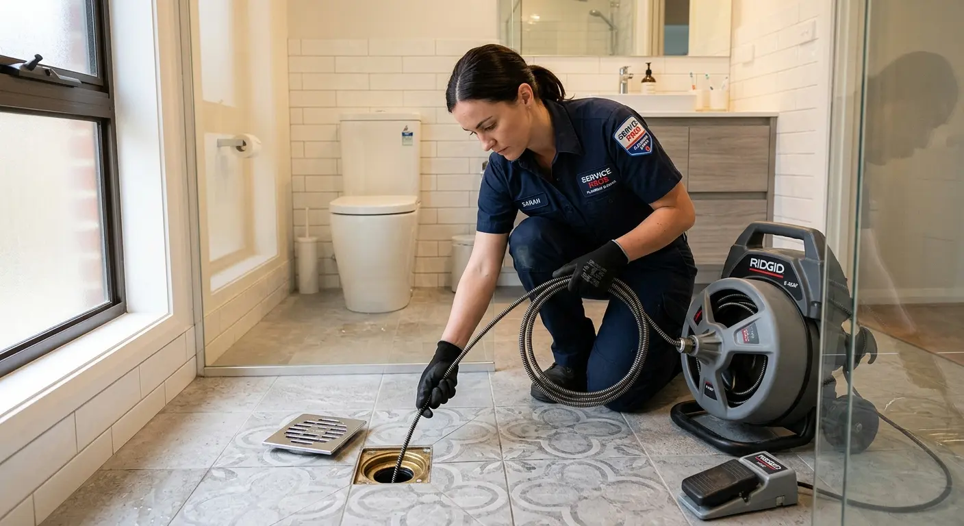 Technician clearing a bathroom floor drain for Drain Cleaning in North Springfield